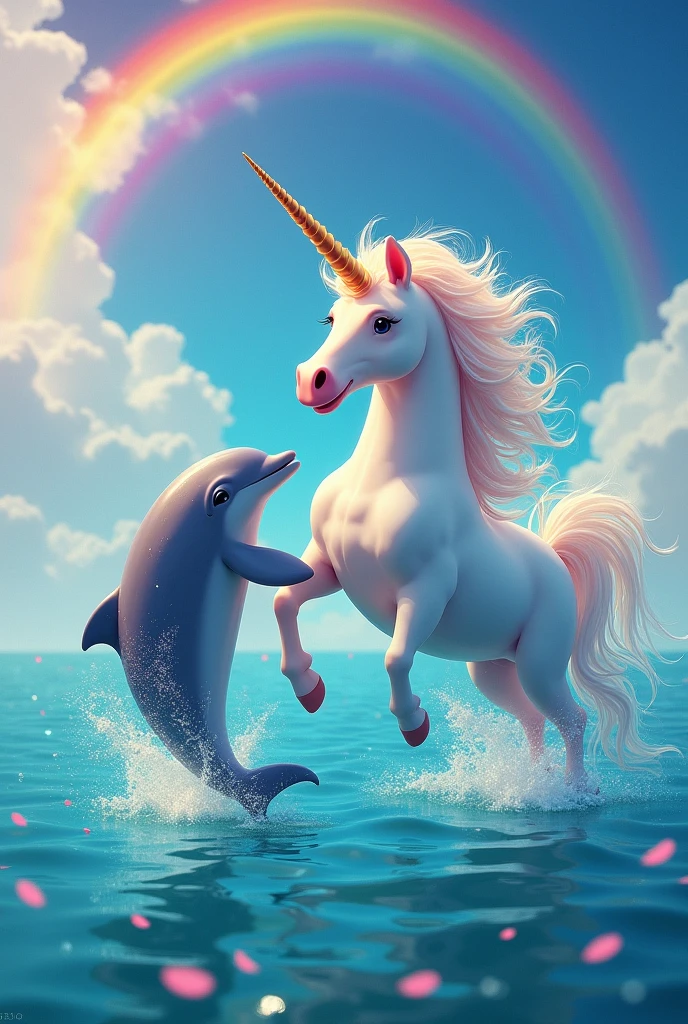 Dolphin with a unicorn on a rainbow 