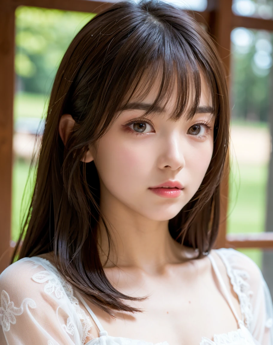 ((cute type日本の女の子、beautiful japanese girl、1 girl、clear、19 years old、ponytail、Highly detailed face and skin texture、refinement、super detailed face、highly detailed eyes、blusher、blush、cheek、ピンクのcheekを塗ったcheek、close-up of woman、Breast augmentation、frontを向いている顔、frontを向いている体、looking at camera、front、cute type、smooth white skin、Transparent skin texture、))、(dark brown hair、bangs)、beautiful woman with perfect style：1.4、japanese model、young gravure idol、若いcute typeグラビアアイドル、Realistic young gravure idol、refinementされたグラビアアイドル、((highest quality、8K、masterpiece:1.3、１photograph))、(4k、生photograph、highest quality)、(realistic、フォトrealistic:1.37)、Place a person on the other side of the screen、Natural light、upper body and head、