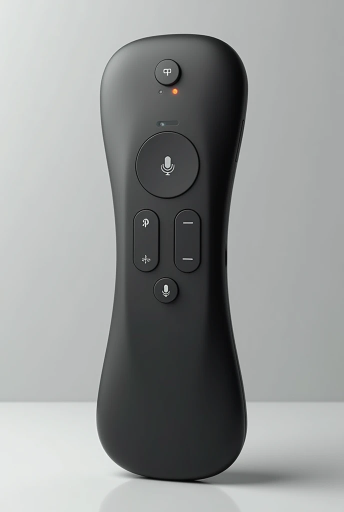 Design a sleek, modern remote control with a built-in voice control feature. The remote should have a slim, ergonomic shape with a matte black finish. The central button is a microphone icon, surrounded by minimalistic buttons for essential functions. LED indicators at the top show when the voice control is active. The design should look high-tech and user-friendly. Display it on a clean, neutral background to highlight its design features.