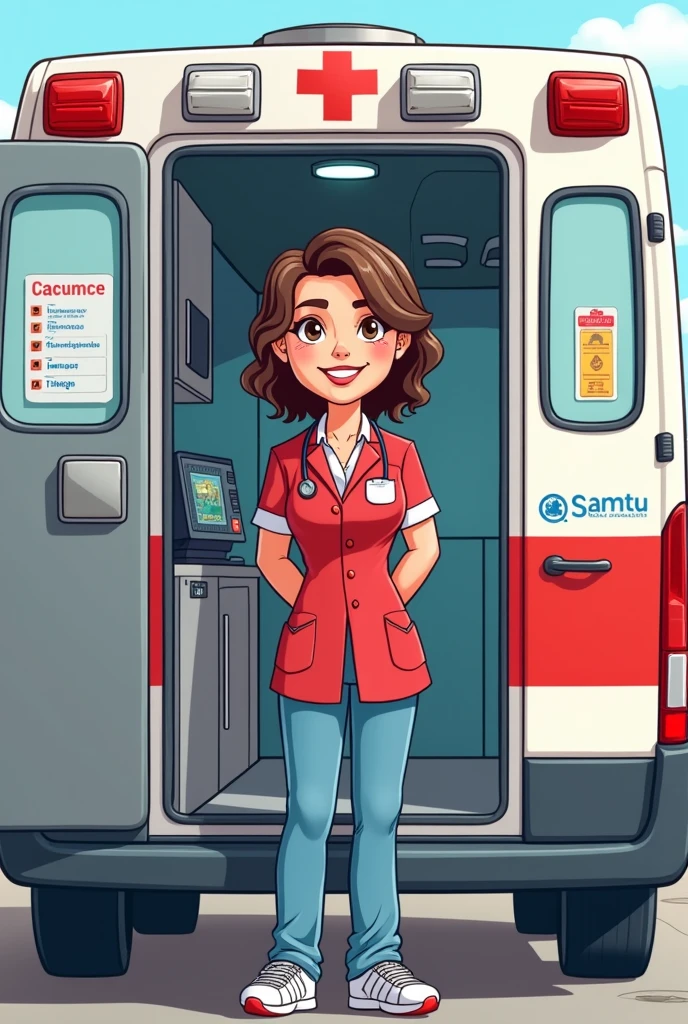 A cartoon image of a nurse in a pre-hospital uniform consisting of a red jacket and light blue pants in a SAMU Peru ambulance, to print on a bottle