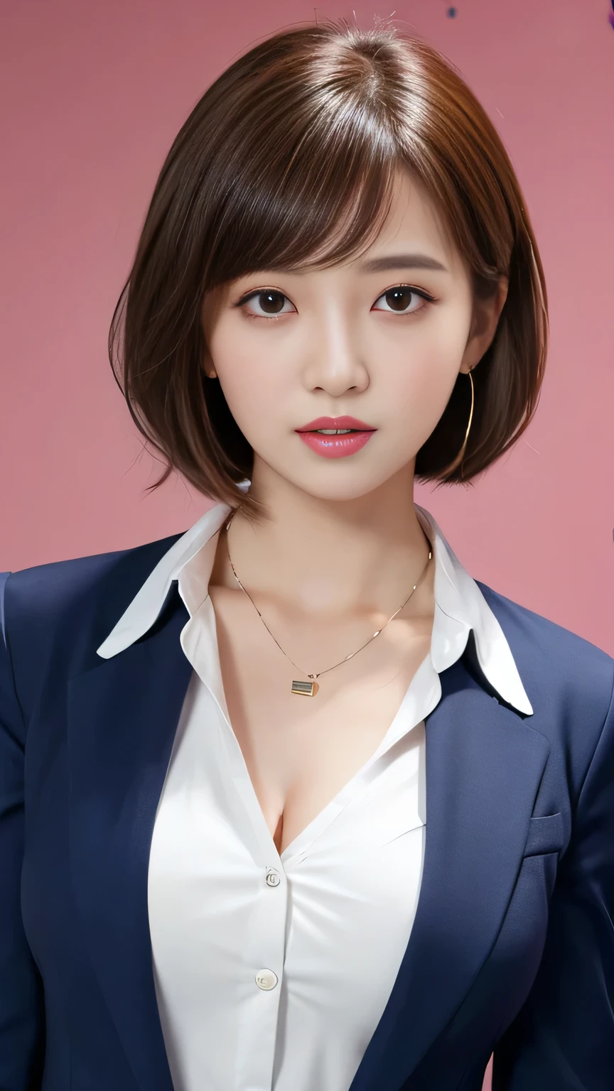 RAW Photos, High resolution, Very detailed, Intricate details, 、ear piercing、Expressionless、short hair、Black Hair、Clear beauty,(High quality fabric, Office Lady Suits 、Necklace around the neck、, The background is the office