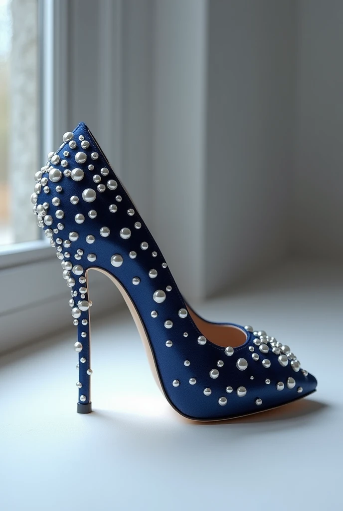 A navy blue stiletto with pearls
