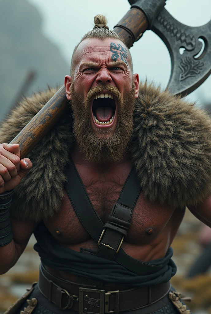 Realistic Viking Warrior Screaming with Teeth Bared with Norse Tattoo Around Eye and Eyes Open with Axe
