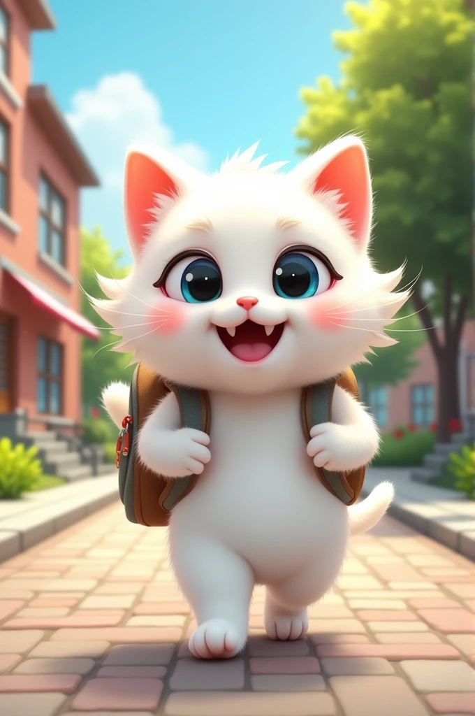White ai cat going school with happy face