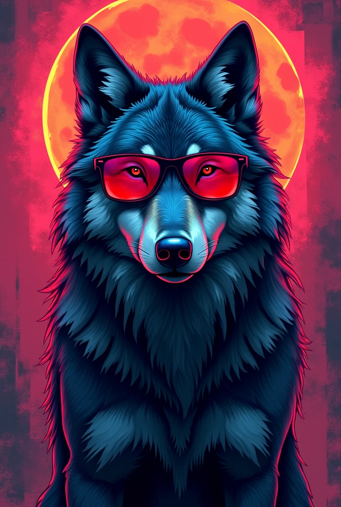 A cool wolf with sunglasses, neon colour , gritty , 2d , contour, detailed , splash background