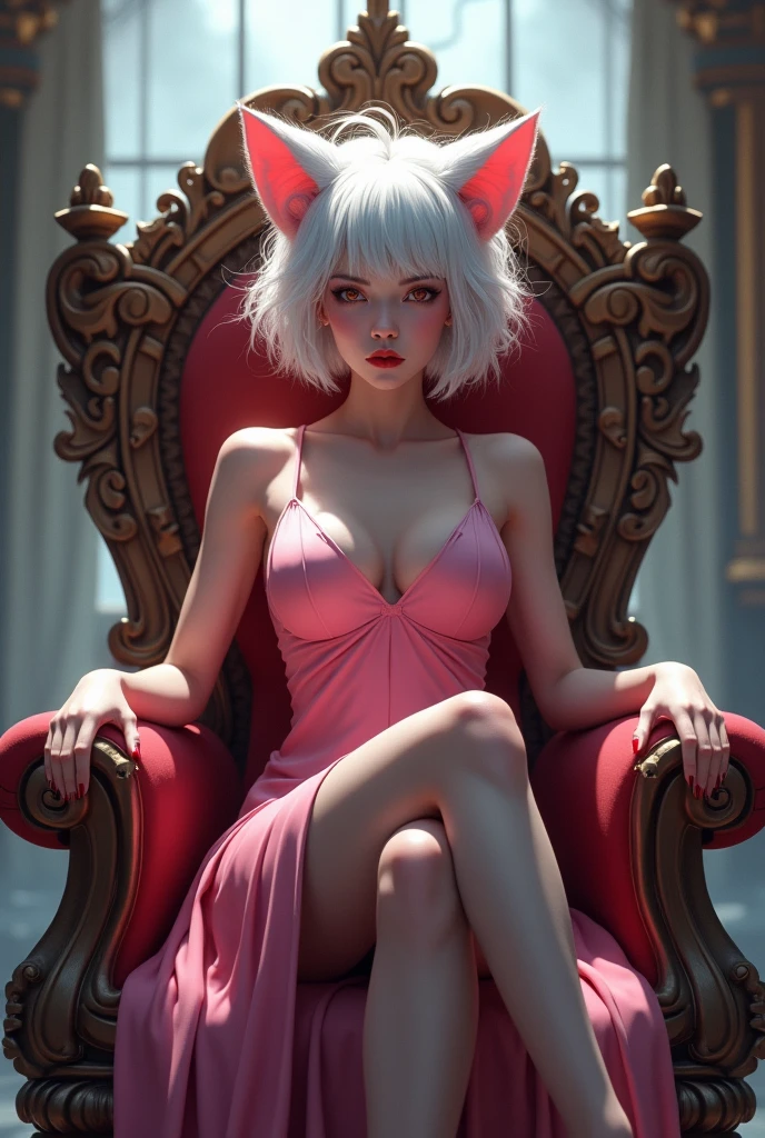 ((1girl, solo ,alone)), ((solo, 1woman, ((neferpitou, cat tail, short white hair, short messy hair, cat ears, red eyes, small bust)), woman, lipstick), Extremely detailed, ambient soft lighting, 4k, perfect eyes, a perfect face, perfect lighting, a 1girl)), ((solo, (1woman, lipstick), Extremely detailed, ambient soft lighting, 4k, perfect eyes, a perfect face, perfect lighting, a 1girl)), , ((fitness,, shapely body, athletic body, toned body)), (( pink dress, sitting in the throne, legs crossed,