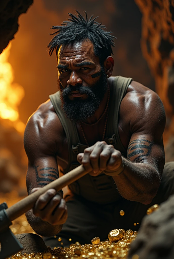 Indigenous and black man working in a gold mine