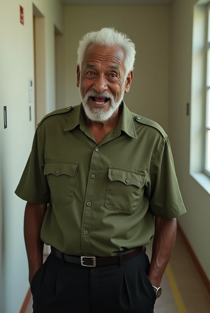 naughty man, baby boomer, 65years,  afroamerican white short hair, beard . Olive green shirt and black pants. He is in a “Big Brother” style house 