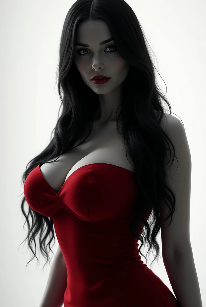 woman, long straight black hair, big bust, red dress, black and white silhouette image, looking at the camera, photorealistic