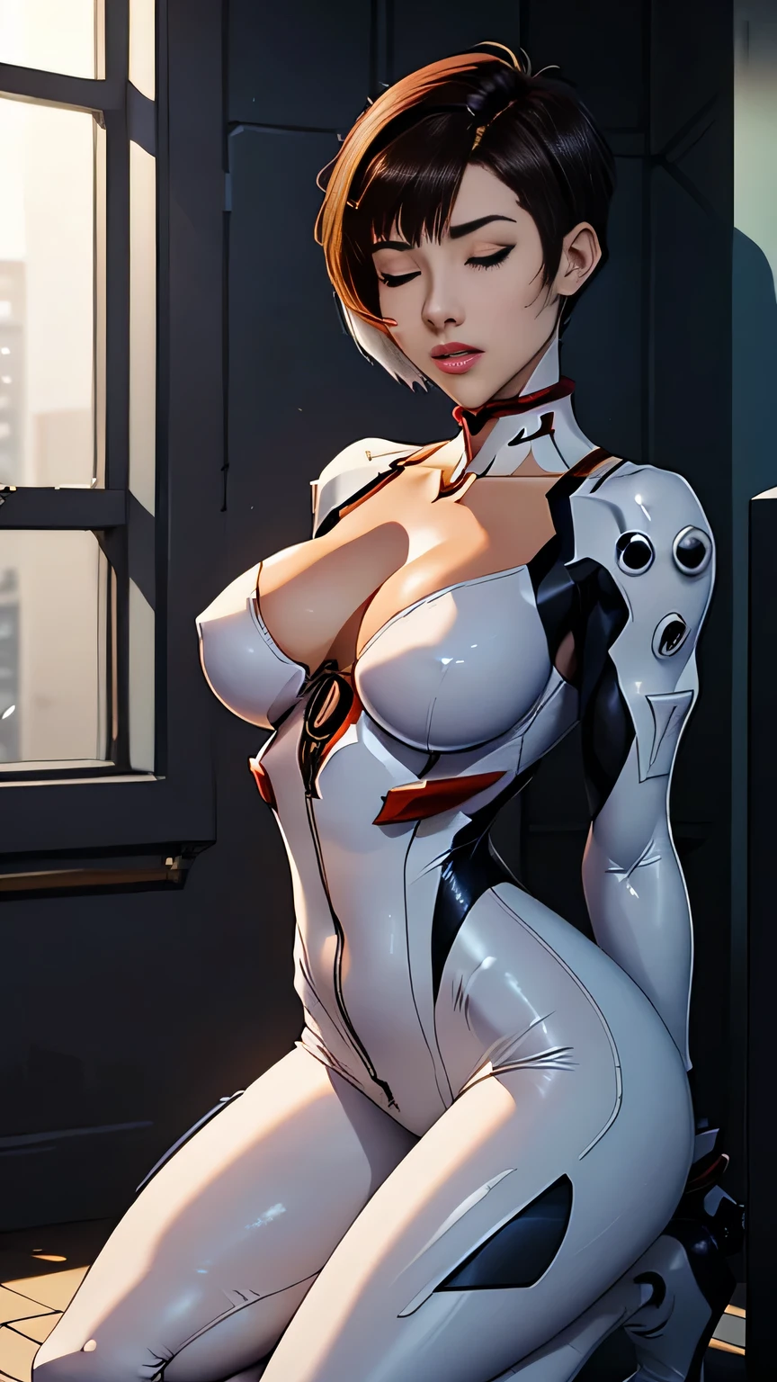 photo of mlp Meowko, RAW, beautiful woman, ((portrait)), ((detailed face:1.2)), ((anime face, anime facial feature, clear skin, glossy anime lips, clear skin), (short lesbian haircut, brunette: 1.55), (perfect proportioned body, Strong, muscular, narrow waist, narrow hips, skinny, massive breasts), (ahegao expression, eyes closed, orgasm face:1.35), cleavage, (she is wearing a tight jumpsuit, Neon Genesis Evangelion plug suit, Rei Ayanami cosplay, white with Blue accents, unzipping suit, undressing), hands behind back, arched back, kneeling on platform, splits kneeling, legs open, mecha background, huge metropolis, (realistic photo, best quality, detailed), (8k wallpaper), (bright cinematic lighting, lens flares, beautiful light, (noon:1.3)) (sharp focus, intricate)