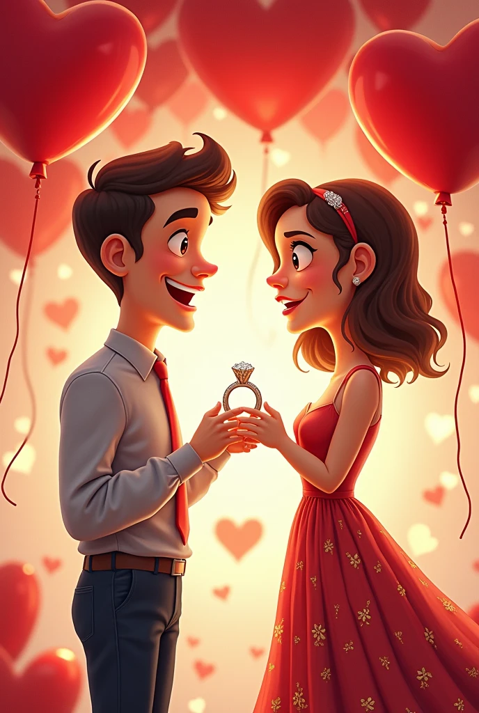 A man proposes to a beautiful woman wearing a beautiful dress. The man gets down on one knee and offers her a large wedding ring. Behind them are many red heart-shaped balloons. The woman holds the hem of the dress and looks shy. Highly detailed cartoon drawing, Funny cartoon drawing