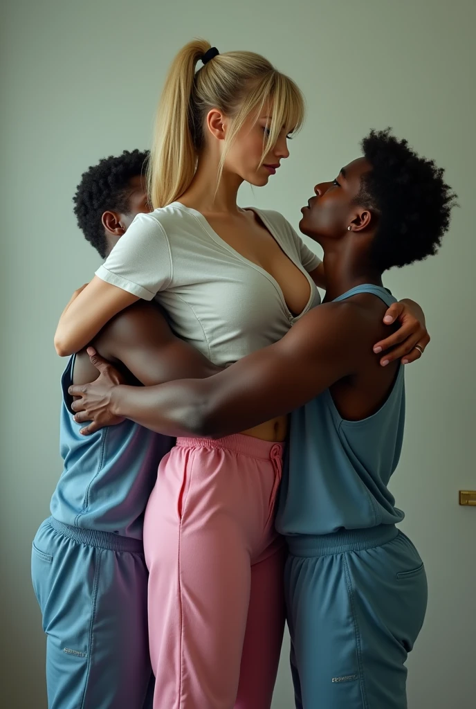 Create a photo of a 30 year old young woman, with long light hair tied in a ponytail with a lock of hair on the face, slender and beautiful body, wearing pink sweatpants and an open white shirt without a bra with bare breasts, with white and clear skin, is facing the camera being hugged and lifted high into the air by two black agers, dark-skinned, obese, ugly, low, with short hair who is wearing a blue dress and glasses