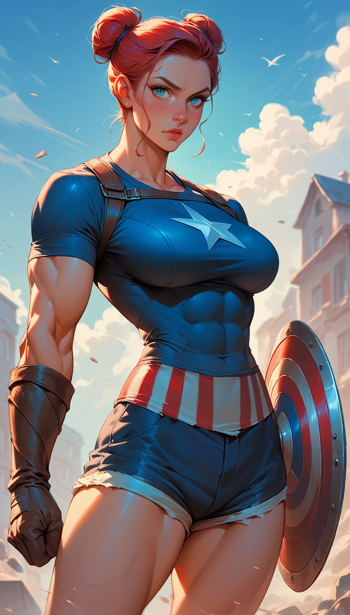 Nijistyle, muscular superheroine, corpo perfeito e proporcional, pose sexy, corpo inteiro, estrelas de 5 pontas, garota sorridente de cabelo super curto loiro, American influence, wearing Captain America's outfit, Michael Creese, usando um escudo redondo, Michael Hussar, fundo branco, short cut, roupa azul vermelho e branco, melhor qualidade, alta qualidade, foto editorial, absurdres, obra-prima, detalhe intrincado, grain of film, suas delicadas faculdades humanas seguram as notas ilustradas 2D, detalhe 4k, passo a passo