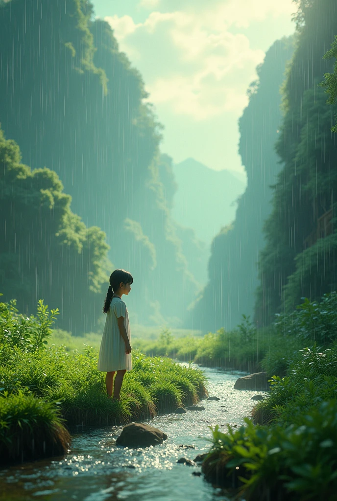 1 girl in a peaceful natural landscape, flowing river, rain, sunlight, lush greenery, detailed realistic landscape, highly detailed, cinematic lighting, dramatic lighting, vibrant colors, photorealistic, masterpiece, 8k, best quality