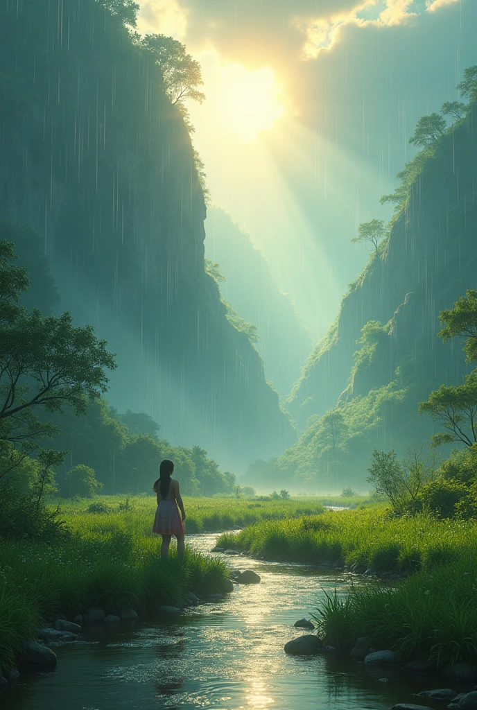 1 girl in a peaceful natural landscape, flowing river, rain, sunlight, lush greenery, detailed realistic landscape, highly detailed, cinematic lighting, dramatic lighting, vibrant colors, photorealistic, masterpiece, 8k, best quality