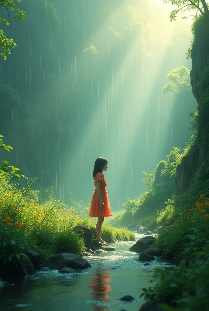 1 girl in a peaceful natural landscape, flowing river, rain, sunlight, lush greenery, detailed realistic landscape, highly detailed, cinematic lighting, dramatic lighting, vibrant colors, photorealistic, masterpiece, 8k, best quality