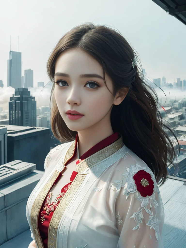 (1girl:1.3), Solo, (((Very detailed face)))), ((Very detailed eyes and face)))), Beautiful detail eyes, Body parts__, Official art, Unified 8k wallpaper, Super detailed, beautiful and beautiful, beautiful, masterpiece, best quality, original, masterpiece, super fine photo, best quality, super high resolution, realistic realism, sunlight, full body portrait, amazing beauty, dynamic pose, delicate face, vibrant eyes, (from the front), She wears Kebaya suit, red and black color scheme, very detailed city roof background, rooftop, overlooking the city, detailed face, detailed complex busy background, messy, gorgeous, milky white, highly detailed skin, realistic skin details, visible pores, clear focus, volumetric fog, 8k uhd, DSLR, high quality, film grain, fair skin, photo realism, lomography, futuristic dystopian megalopolis, translucent
