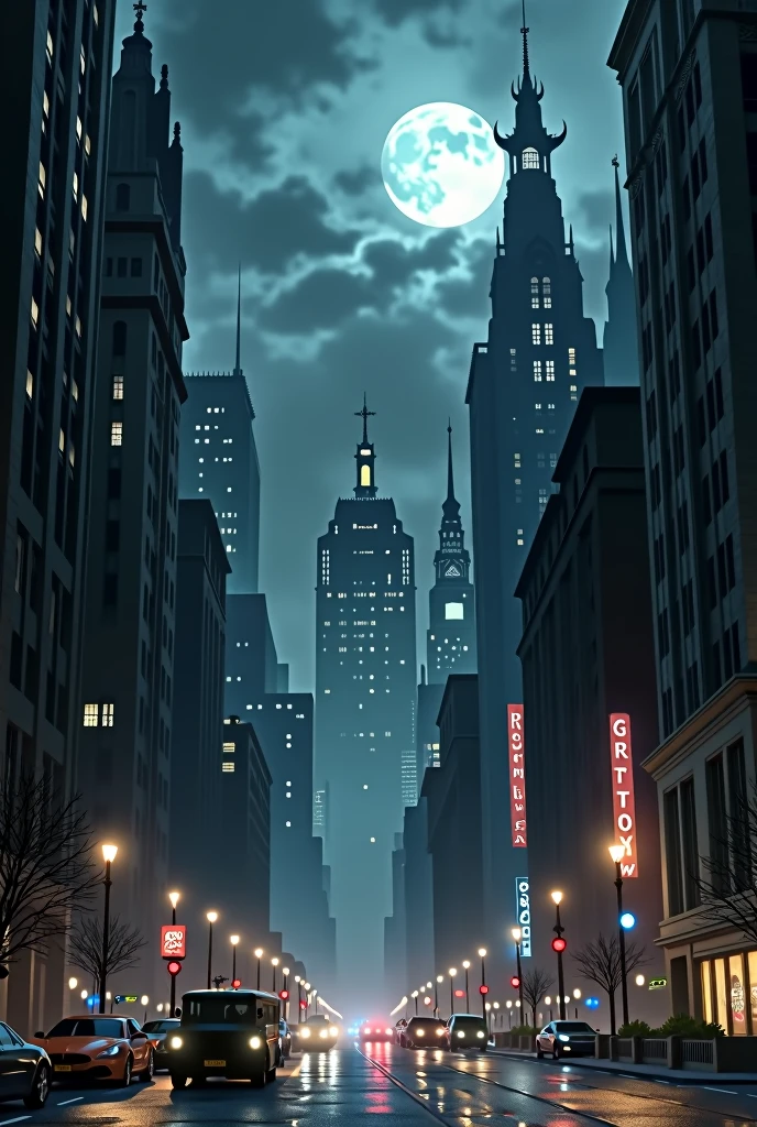 Gotham city street view. Looking up avenue, tall gothic buildings line the street, art deco buildings line the streets. NIGHT TIME, buildings lit up, traffic on the streets, full moon, clouds in the sky, smoke,