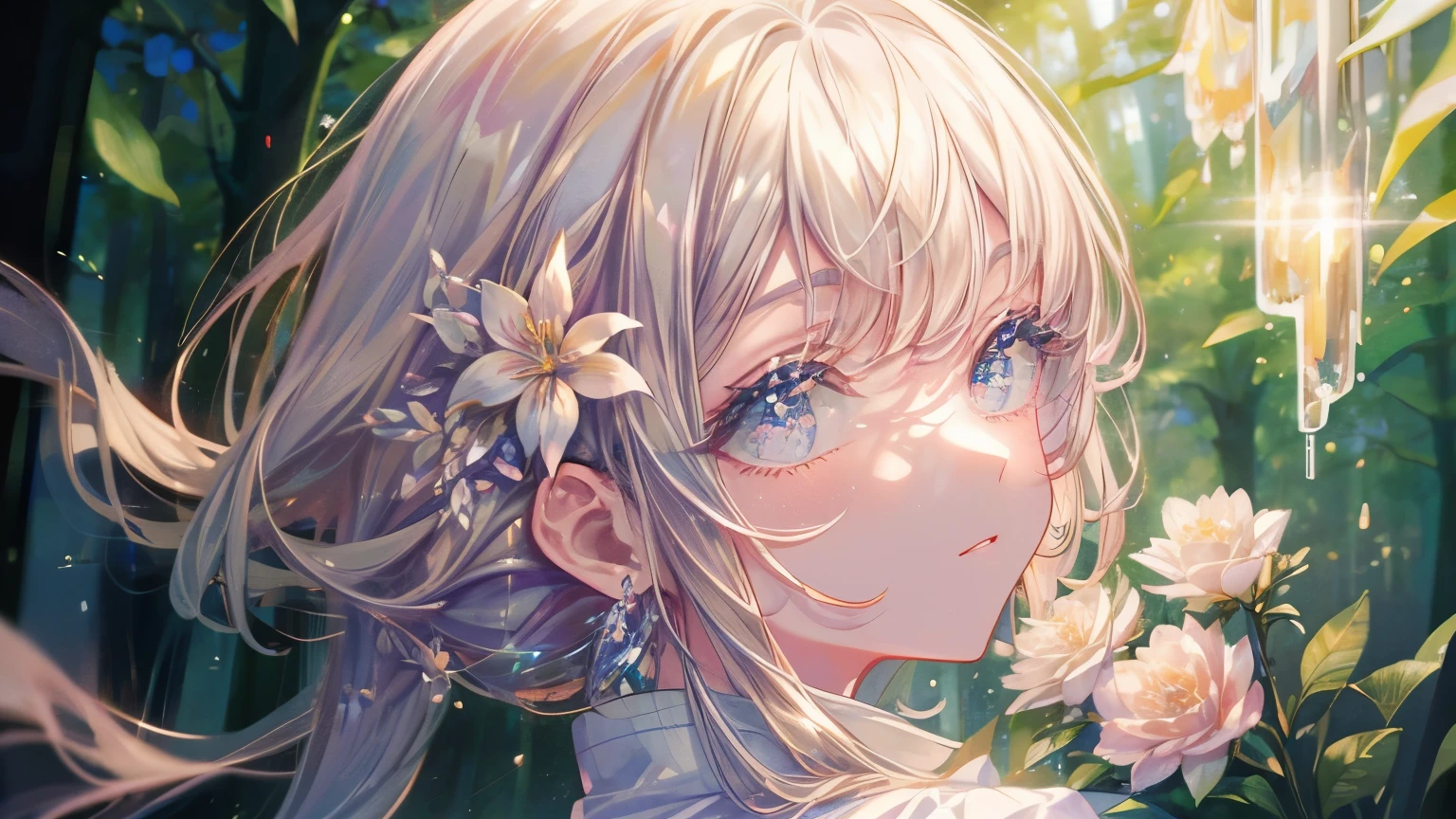 (masterpiece、8k、highest quality)、(Soft Light:1.3), Detailed face, Fine grain, dress, Beautiful digital artwork, landscape, Backlight, Lots of flowers, forest, Sparkling eyes, warm, warm light, watercolor