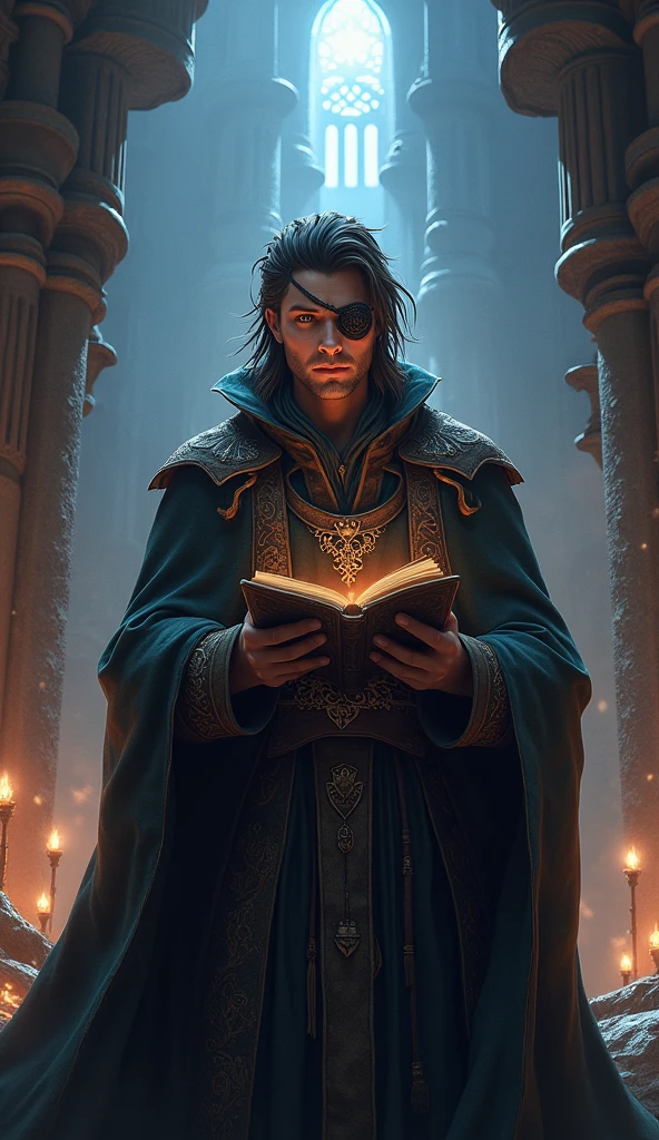 Human male from baldur's gate, best quality, ultra-detailed CG unity 8k wallpaper, standing, high resolution, dynamic pose, average face, (fancy wizard attire, hazel eyes), depth of field, mage tower setting, night), (high fantasy) (dark brown Hair, long scraggly hair), light skin, holding an ancient tome, (leather eyepatchover right eye)