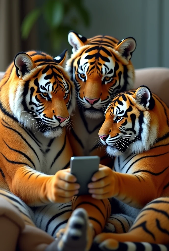 Tigers operating mobile phone wit his friends sitting on chair