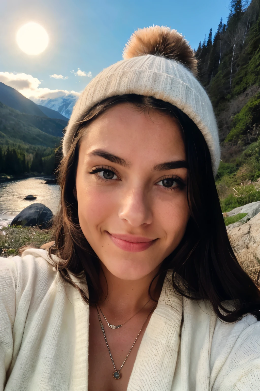 photo realistic, best quality, hyper detailed, gorgeous woman, selfie photo, upper body, only, sweater wearing, al fresco, (night), mountains, nature in real life, stars, moon, (cheerful, happy), sleeping bag, gloves, sweater, beanie, torch, forest, rock, river, wood, smoke, tooth, clear sky, analog style, view of the viewer, skin texture, film grain, close up, ultra-high resolution, best shadow, RAW, instagram LUT,latina, brunette, sexy, attractive