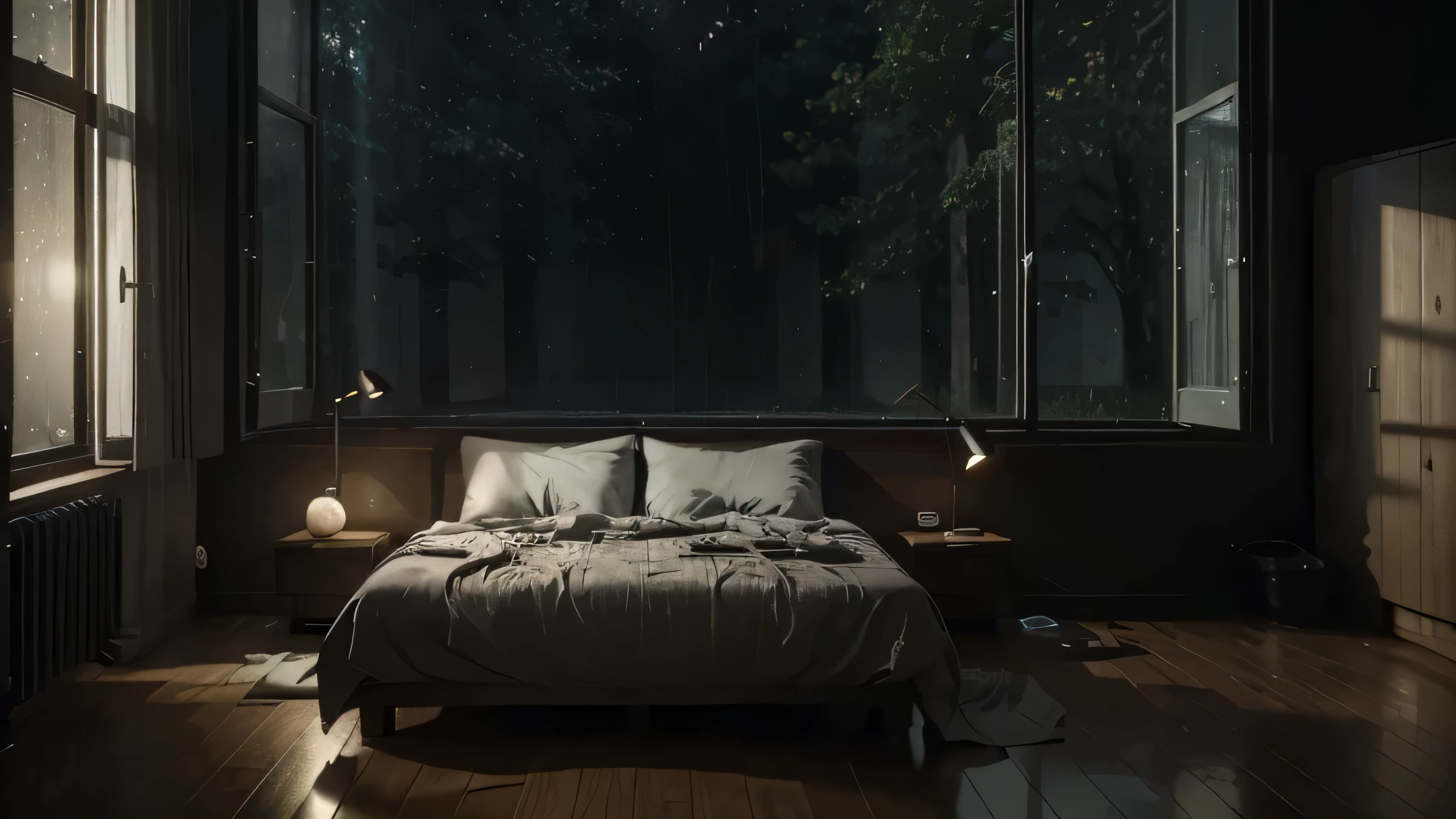 arafed view of a bedroom with a bed and a night stand, a hyperrealistic painting inspired by Gregory Crewdson, unsplash contest winner, digital art, large windows to forest at night, dimly lit bedroom, unreal engine realistic render, vray 8k render, dark bedroom, 8k vray render, rainy day. game render, cinematic render unreal engine, at night and raining, very dark and dimly lit. no sun coming from the windows. a dark rainy night