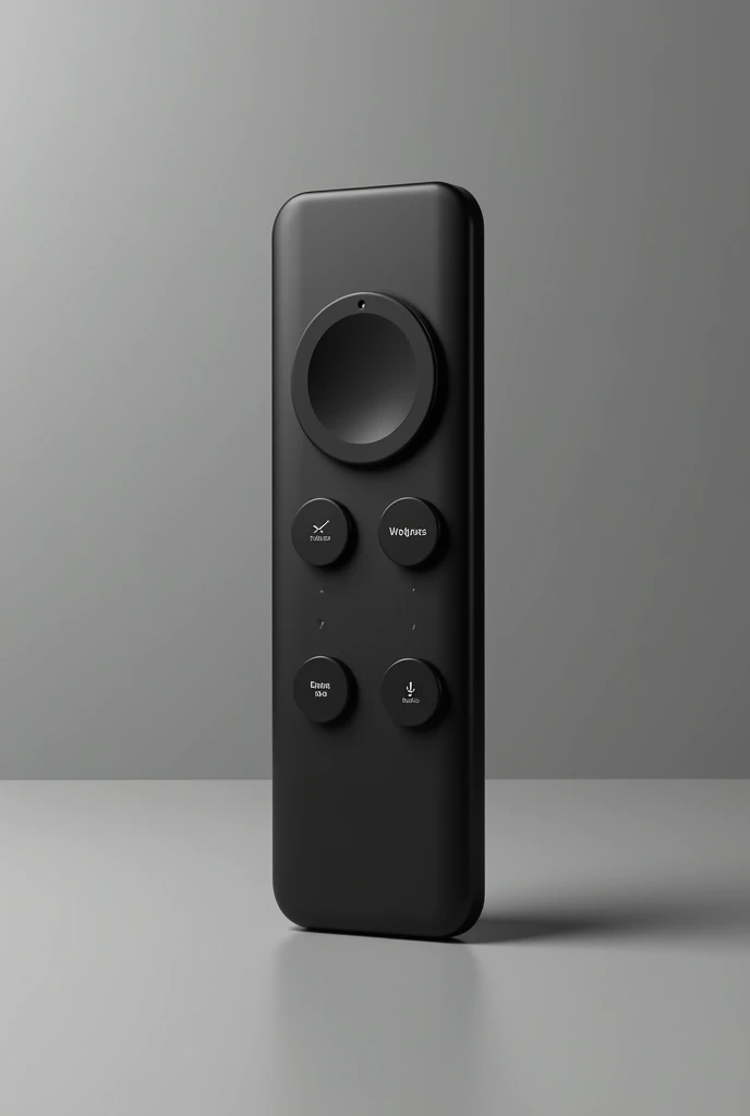 Create a modern, matte black remote control featuring a central microphone button for voice control, minimalistic buttons, LED indicators. The design should be sleek, ergonomic, and user-friendly, presented on a neutral background