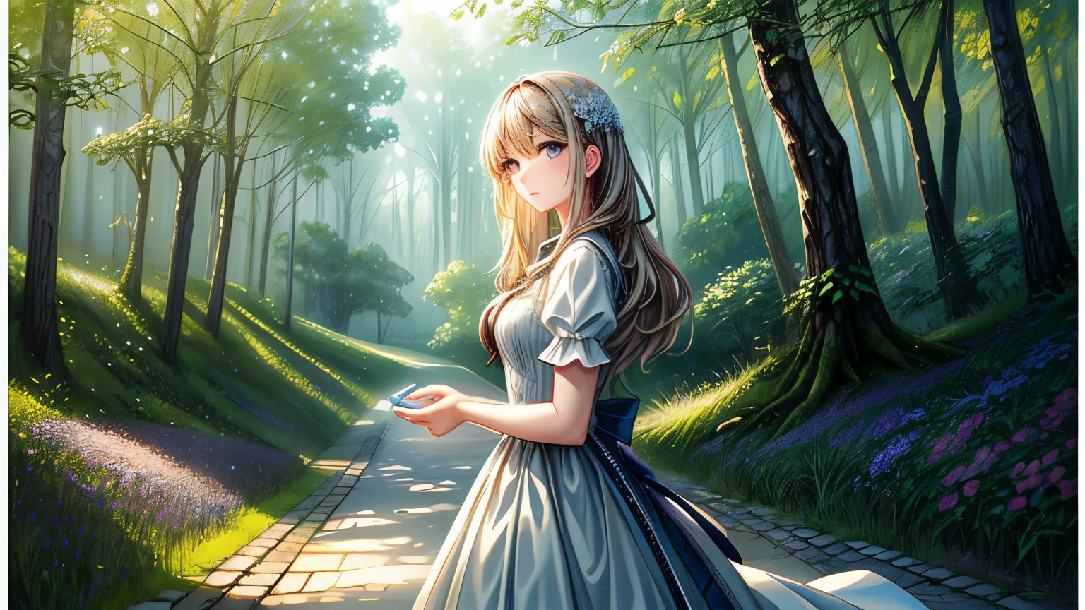 (masterpiece、8k、highest quality)、(Soft Light:1.3), Detailed face, Fine grain, dress, Beautiful digital artwork, landscape, Backlight, Lots of flowers, forest, Sparkling eyes, warm, warm light, watercolor
