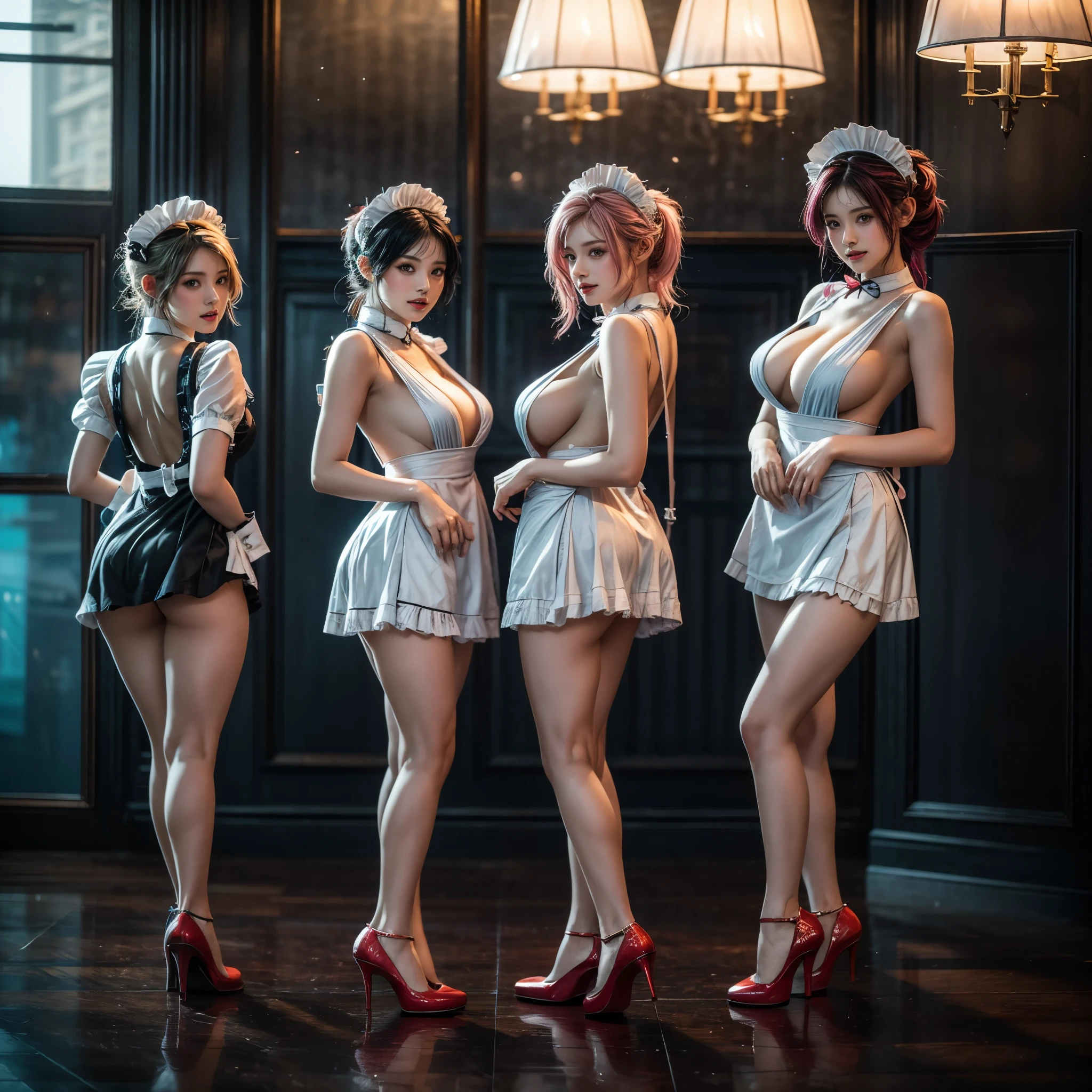 (Full Body of Extremely Detailed((Sexy Maid Group in a row:1.37))), KAWAII perfect face with Reflective Eyes, Detailed(Delicate Clothing textures), Correct Graceful Legs, Dynamic Joyful Expressions LifeLike Rendering, Specular Reflection, TopQuality 8K Ultra-detailed masterpiece (ProfessionalPhoto:1.37), (Acutance:0.8), (Luminism:1.28), Renaissance art style, Colorful Light particles, (Full body from side) {MicroMini Skirt|Kissing Face to Face|Thigh Gap|Cute Peach AssFocus|(NakedApron with (Overflowing Sideboob))}, Radiant Fine Skin with Transparency, (Exposed:0.4) {Pink Hair|LightBlue Hair|Blonde|Pure White Hair|Liquid Hair|Red Shoes}, Perfect Lighting