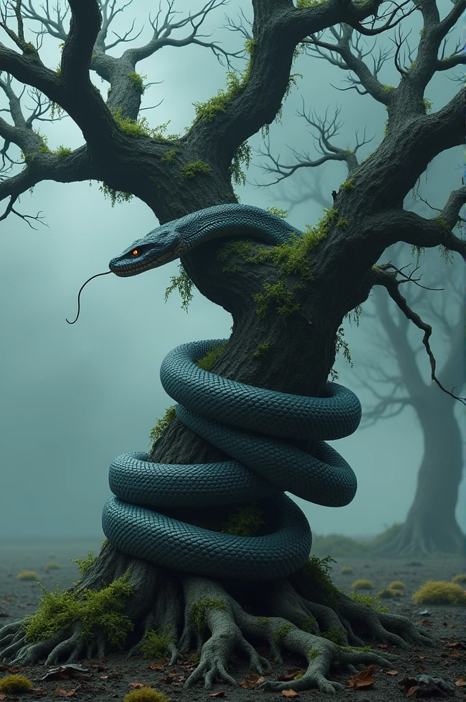 Cobra snake wrapped around a haunted old tree