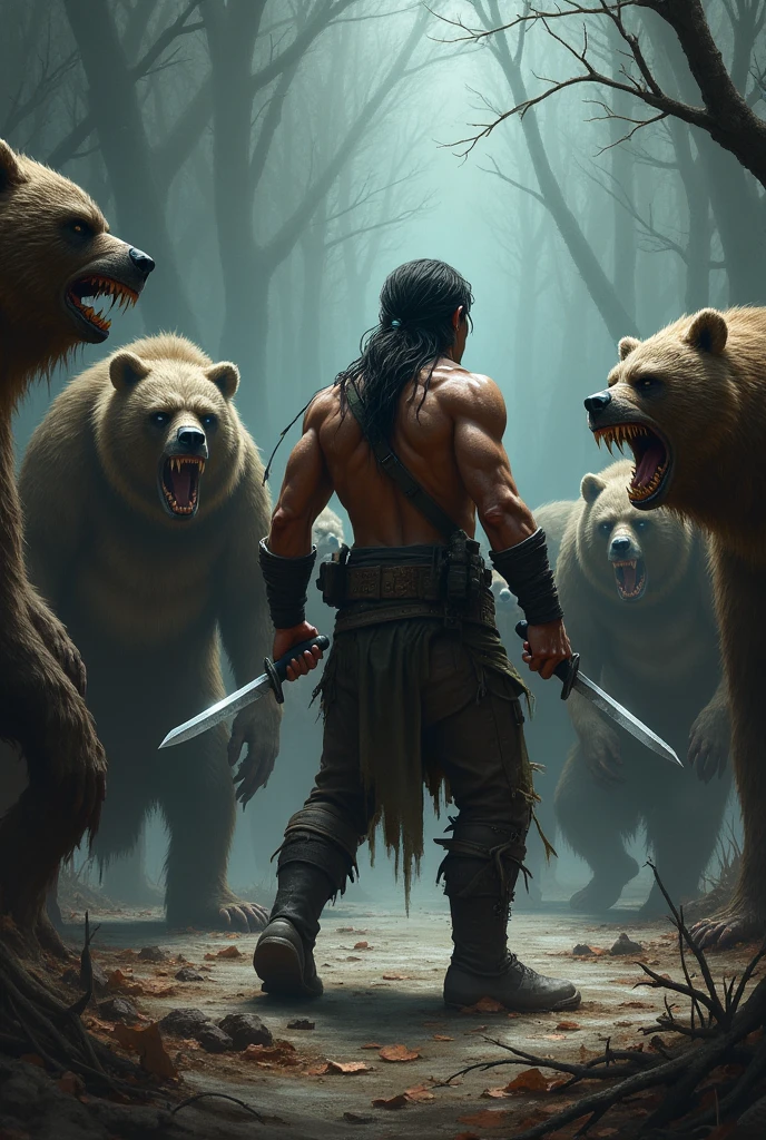character with knives in hand preparing to kill bear zombies