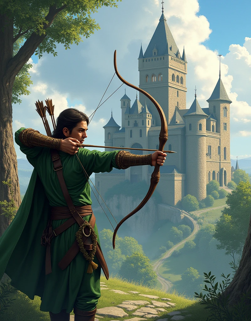 Archer man, wearing a green outfit, pointing an arrow at a castle, Chove forte