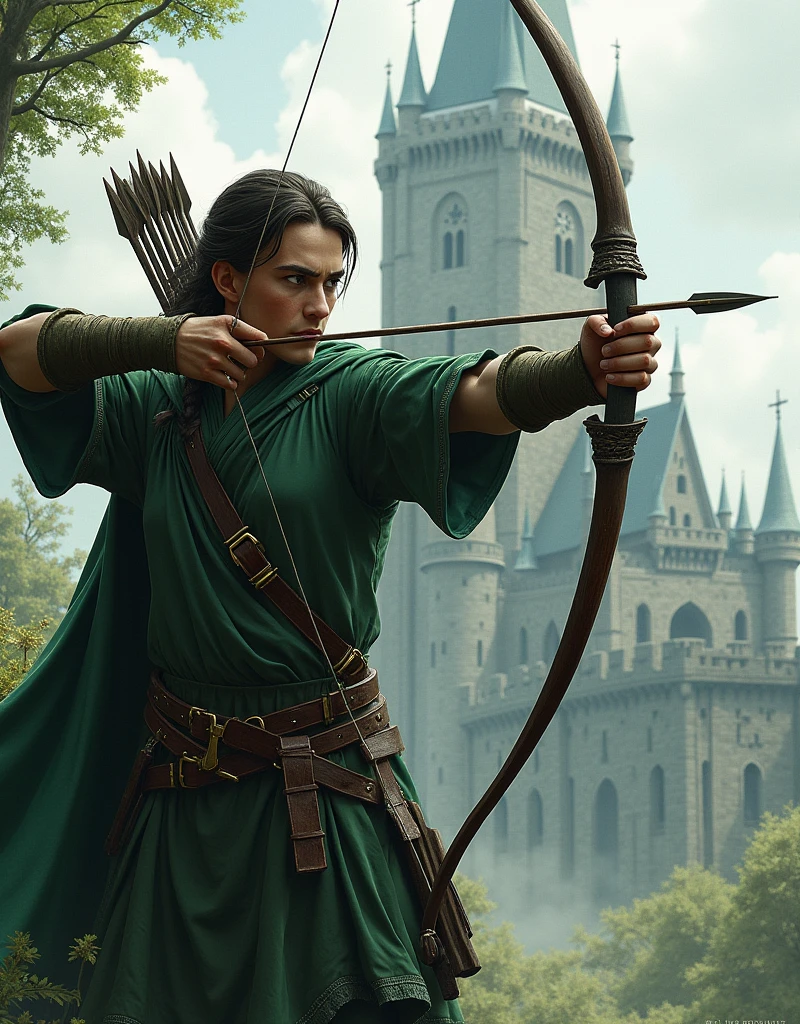 Archer man, wearing a green outfit, pointing an arrow at a castle, Chove forte
