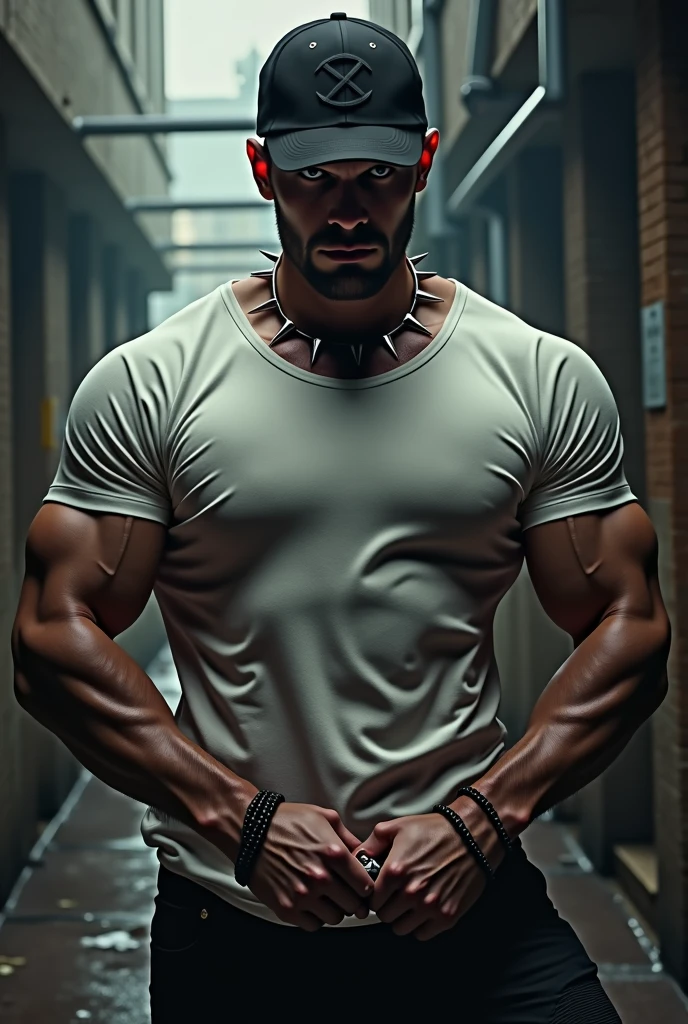 muscular man in black cap and white t-shirt, spike collar, academy, wicked look