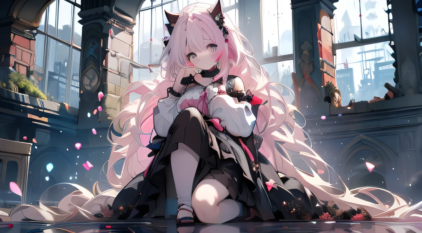 Masterpiece 1，A beautiful girl playing with a cat,student,, high resolution，Devil's clothes,whole body,Pink Hair,{{{angle}}},best quality,Perfect face,high quality,In a ruin