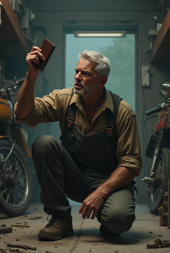 man crying, holding a wallet without money in his hand in front of a workshop, lamenting his broken motorcycle 