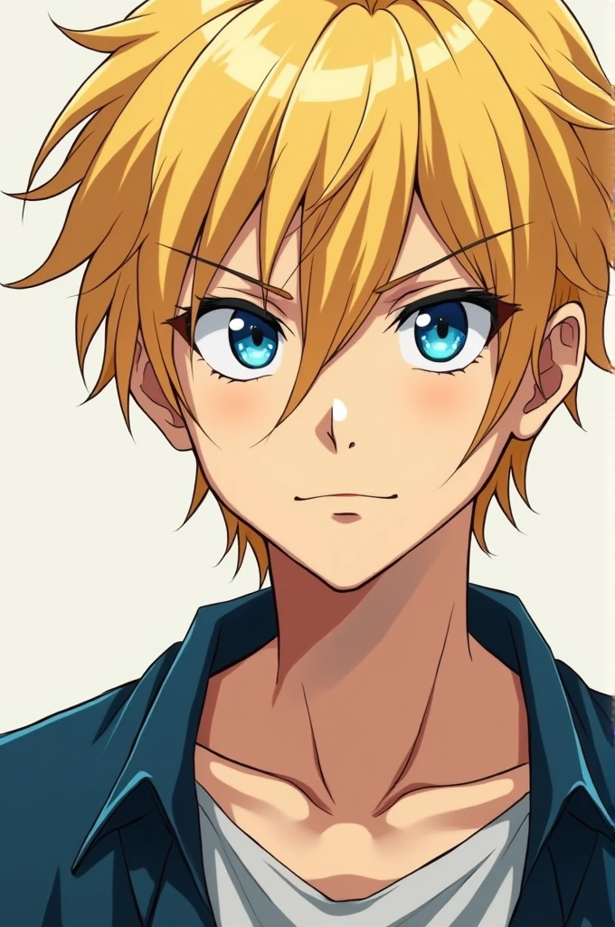 Man  with blue eyes, a piercing gaze and short blonde hair anime
