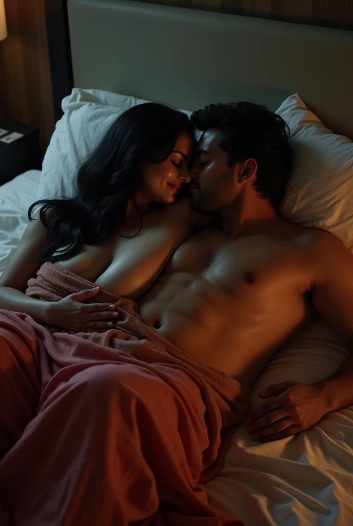 A Busty MILF Indian beautiful curvylady lying nude on Bed Wearing Saree with Large Breasts big areola
Exposed, Kissing a young Boy, Dim light in the room, fantasyreal Realistic image.