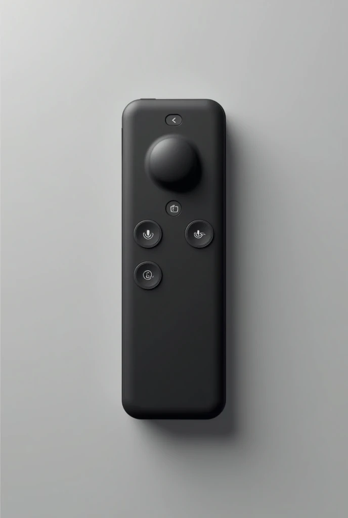 Create a modern, matte black remote control featuring a central microphone button for voice control, LED indicators. The design should be sleek, ergonomic, and user-friendly, presented on a neutral background