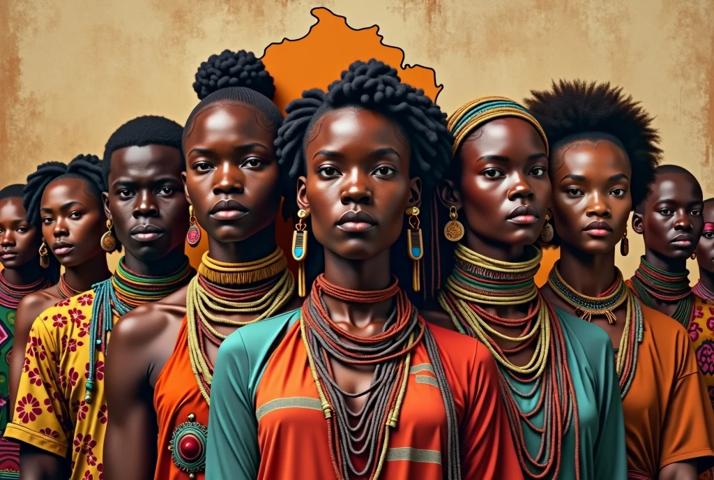 Hyperrealistic HD image of the inhabitants of Zimbabwe, Africa, Mixed tribal backgrouds, mordern clothing United, males and females, Zimbabwean map