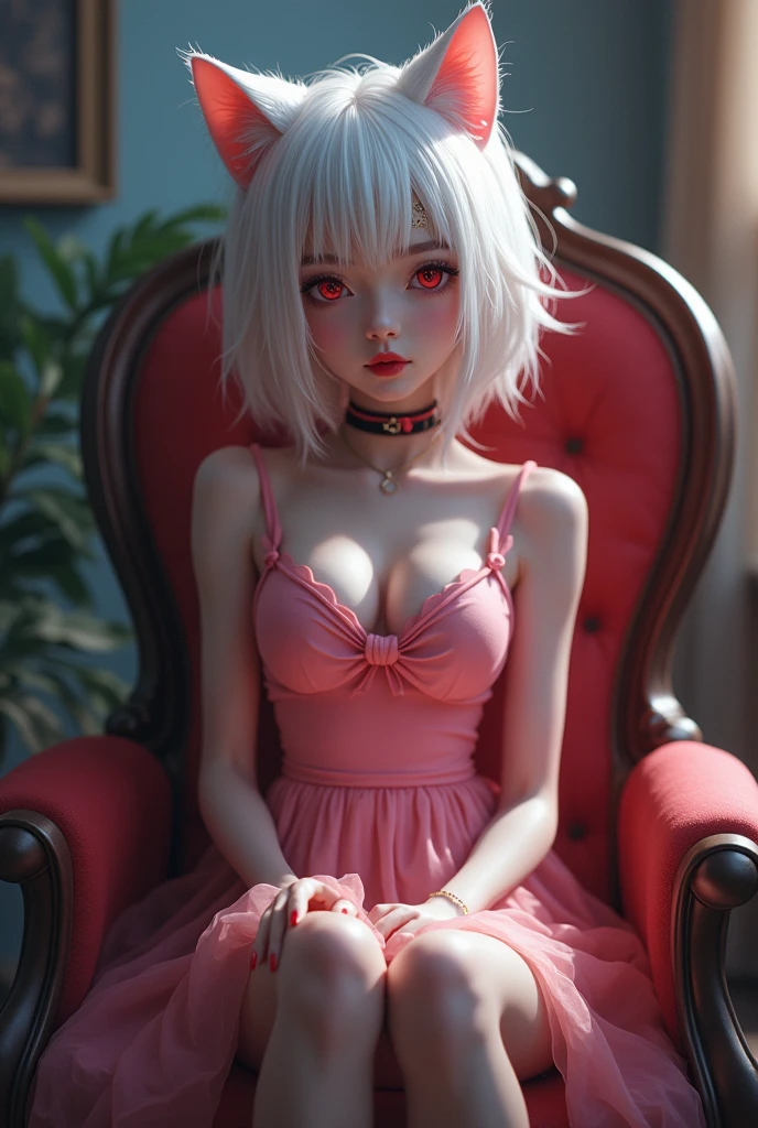 ((1girl, solo ,alone)), ((solo, 1woman, ((neferpitou, cat tail, short white hair, short messy hair, cat ears, red eyes, small bust)), woman, lipstick), Extremely detailed, ambient soft lighting, 4k, perfect eyes, a perfect face, perfect lighting, a 1girl)), ((solo, (1woman, lipstick), Extremely detailed, ambient soft lighting, 4k, perfect eyes, a perfect face, perfect lighting, a 1girl)), , ((fitness,, shapely body, athletic body, toned body)), (( pink dress, sitting in the throne, legs crossed,