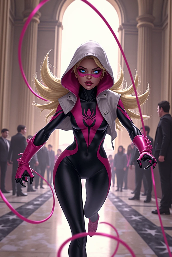 Saclete Johnson que porte un cosplay de spider gew qui branque une benque avec c'est toil