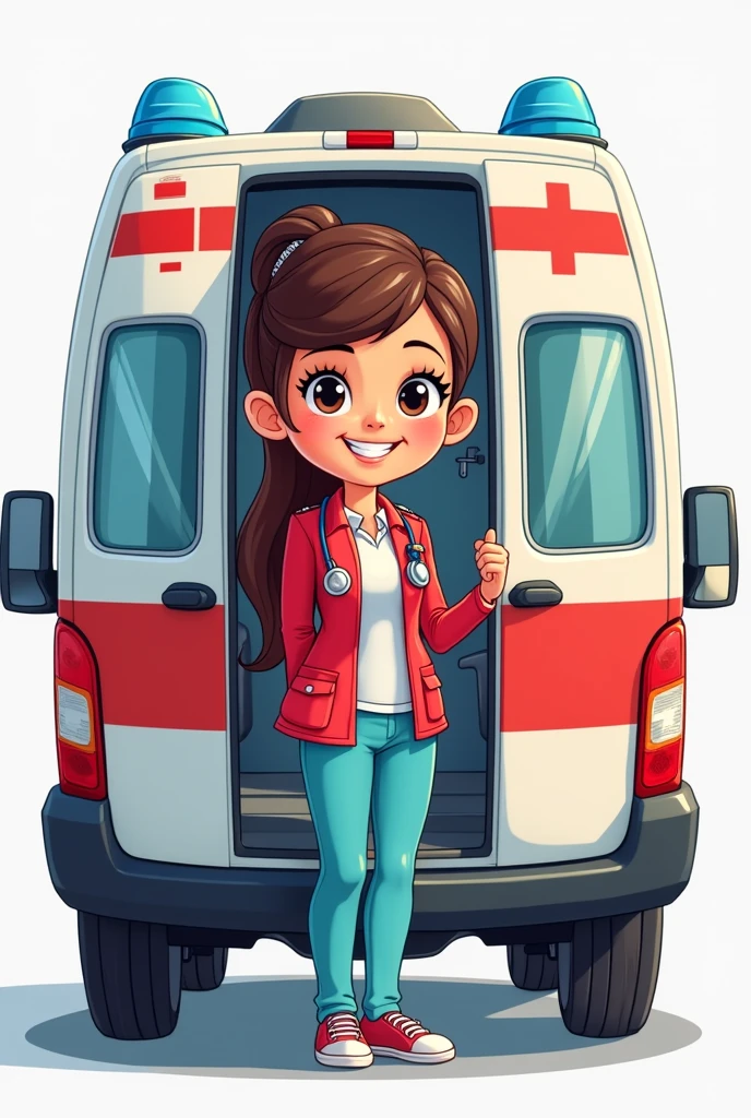 A cartoon image of a nurse in a pre-hospital care uniform consisting of a red jacket and light blue pants in a SAMU Peru ambulance, to print on a bottle
