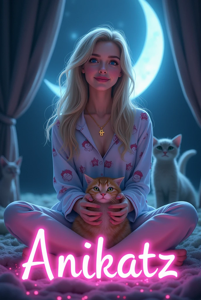 A mystical dark glowing environment. In the middle sits a woman with blue eyes, blonde, straight hair, pinken Lips, golden necklace with cross pendant in cross-legged position. Pajamas with Ariel. She is holding a cute cuddly kitten in her hand. She smiles and throws her hair back. In the background the crescent moon shines on which the silhouette of two cats sit. Below her is the word Anikatz in pink capital letters. Disney Stil 