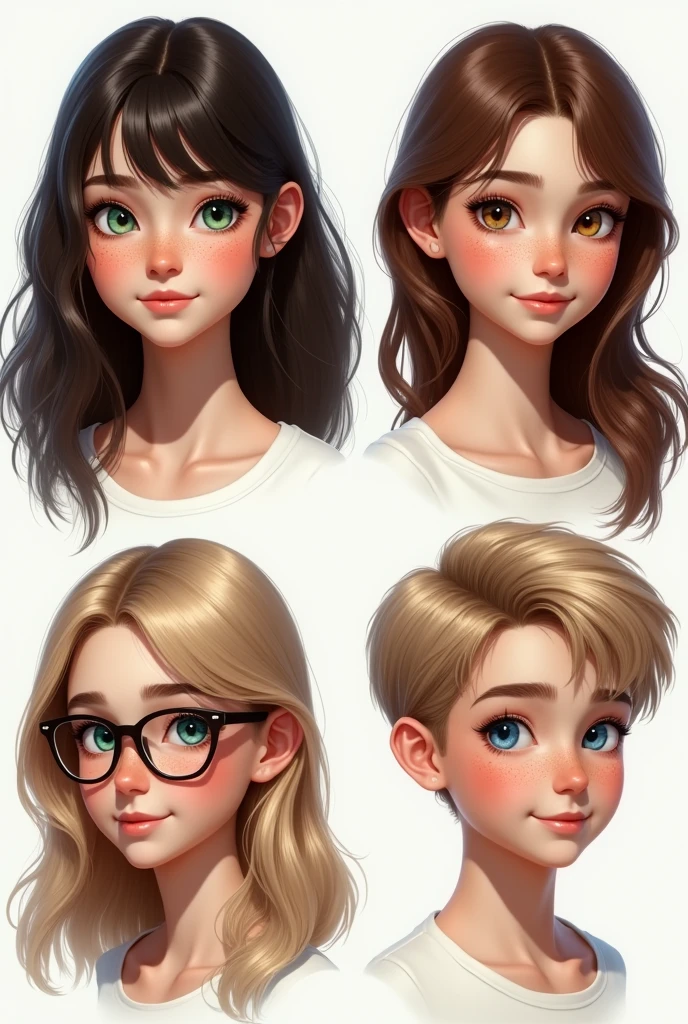 (photorealism:1.5)profile of a beautiful young woman with dark brown hair, curtain bangs hair, green eyes, and a lot of freckles. another profile of a young woman with brown hair, brown eyes and some freckles. another profile of a young pretty woman with straight light blond hair, blue eyes and glasses. The last profile is of a man with short blond hair, blue eyes and glasses.he is a little chubby. faces are looking into the camera, small on a white background 