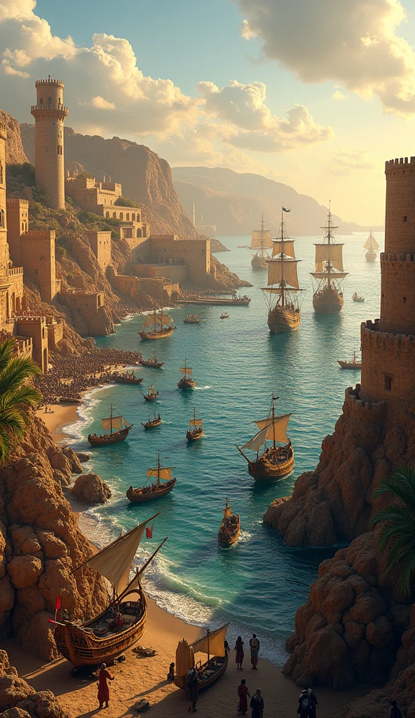 Generate an ultra-realistic 4K image of the Barbary Coast in North Africa during the Ottoman era. The scene should depict a bustling harbor with Ottoman ships and pirate vessels anchored along the shore. The coastline should be lined with fortresses and traditional North African architecture, bathed in warm sunlight. Include details such as merchants trading goods, sailors preparing ships, and the vibrant colors of the Mediterranean landscape, capturing the historical atmosphere of the time