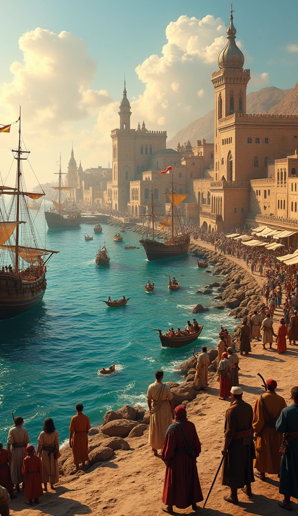 Generate an ultra-realistic 4K image of the Barbary Coast in North Africa during the Ottoman era. The scene should depict a bustling harbor with Ottoman ships and pirate vessels anchored along the shore. The coastline should be lined with fortresses and traditional North African architecture, bathed in warm sunlight. Include details such as merchants trading goods, sailors preparing ships, and the vibrant colors of the Mediterranean landscape, capturing the historical atmosphere of the time