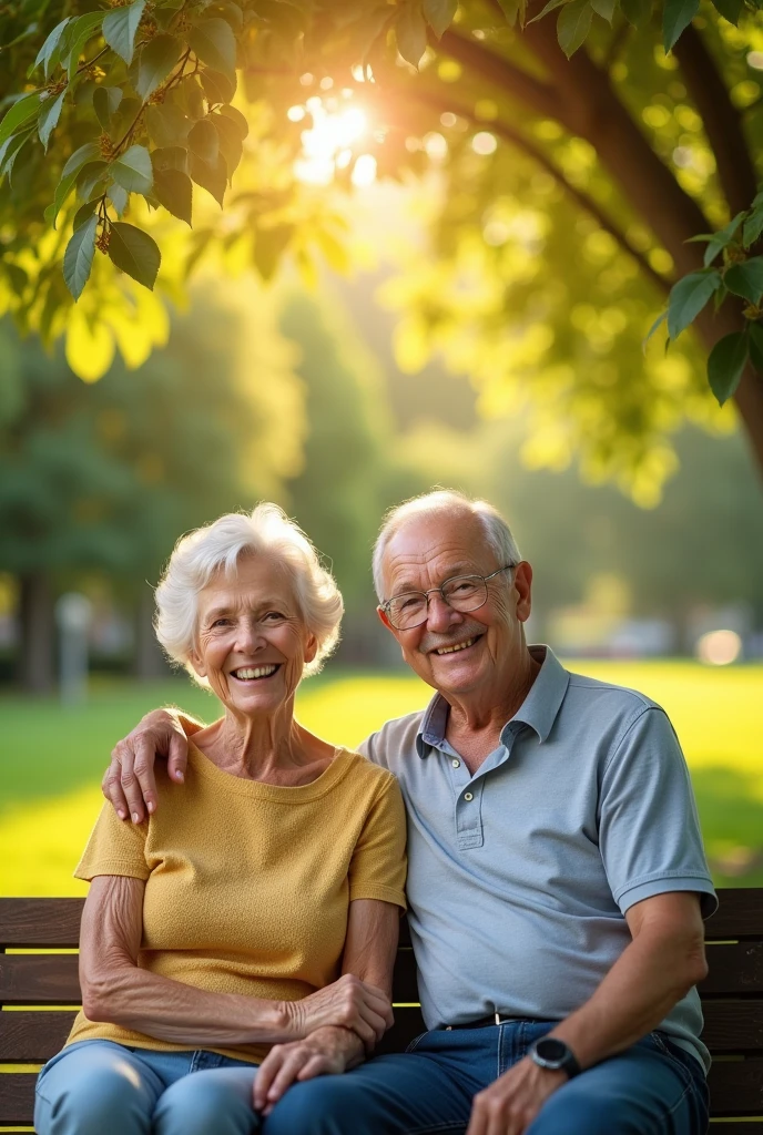 (masterpiece, Best Quality, High resolution: 1.2), (photorealistic: 1.2), (Bright and warm: 1.3), a smiling and happy elderly couple, hands on legs, Captured in a park on a sunny day. They are sitting together on a bench under a leafy tree, surrounded by a green and flourishing landscape. looking to the camera, smiling with warmth. Sunlight passes through the leaves, creating a soft and warm play of light and shadow in the scene. transmitting love and satisfaction on their faces. The atmosphere is serene and cheerful., with bright colors that highlight the vitality of the moment. The camera captures the scene in sharp focus, highlighting the details of your clothes, the textures of the environment, and the sparkle in his eyes, symbolizing a full and balanced life.