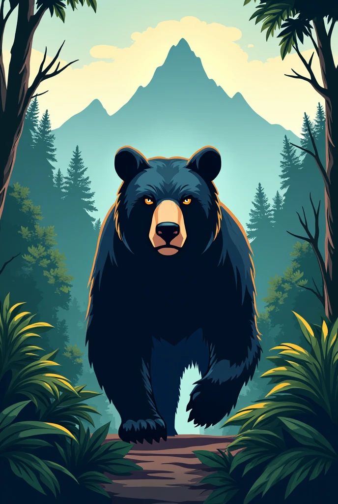 Black bear logo with eye spots on a jungle trip with mountains in the shape of a sleeping woman